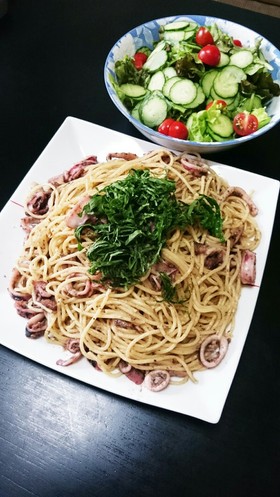 やりいかとオイルサーディンの和風パスタ